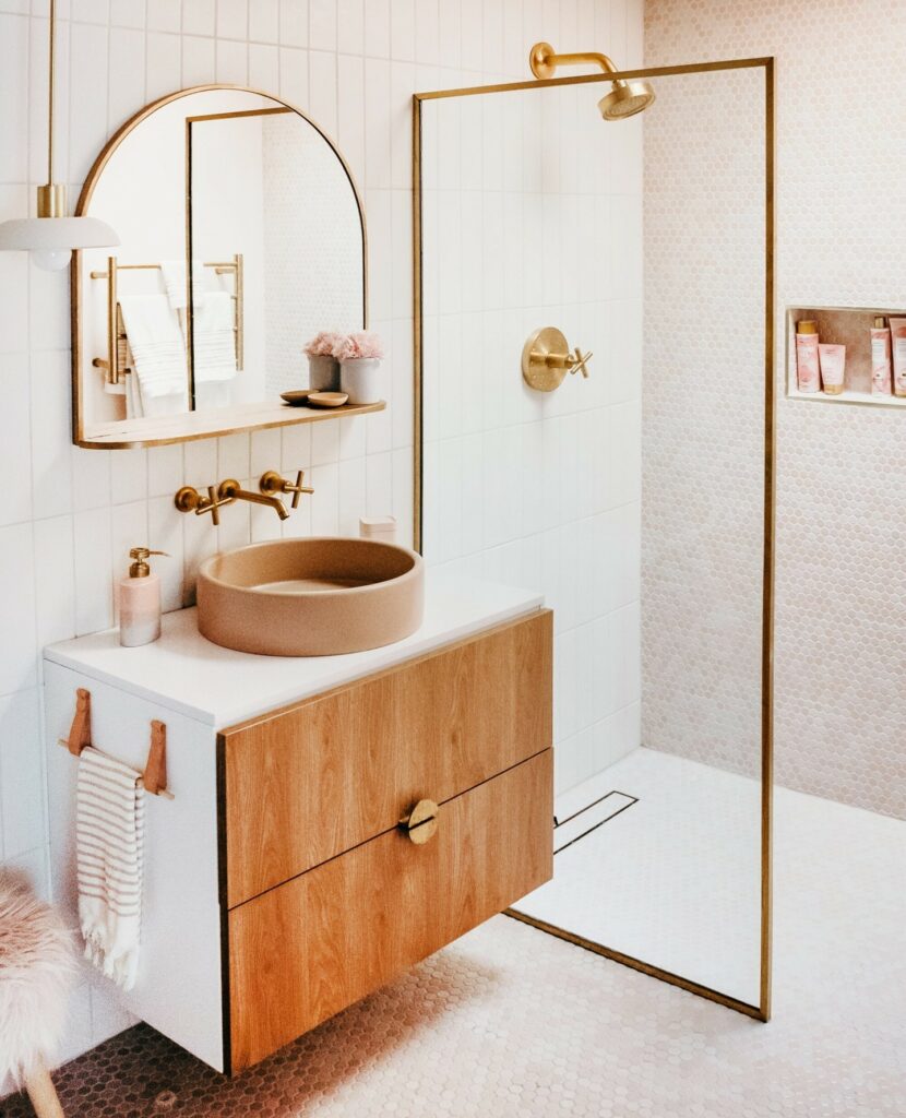 Rustic bathroom with natural and metallic accents