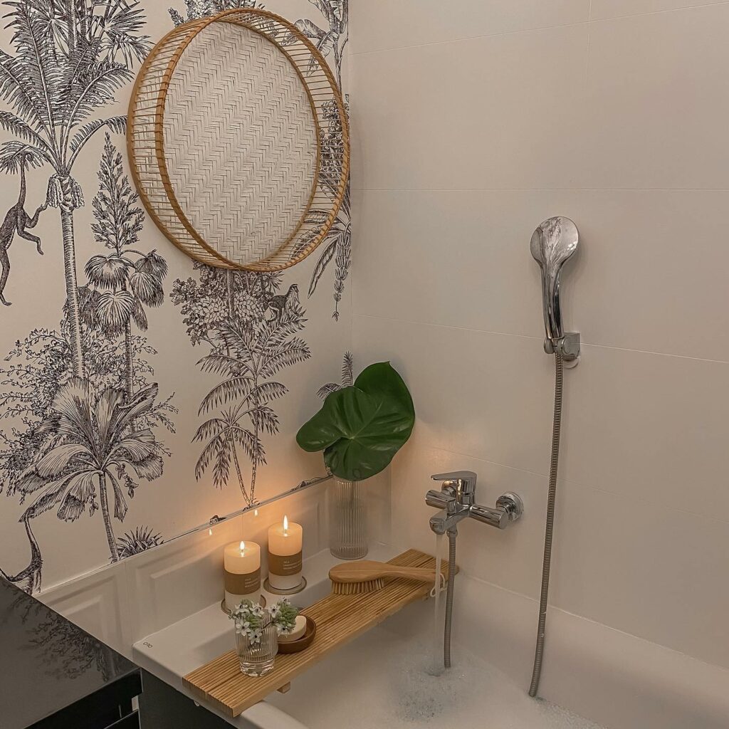 Natural boho bathroom with earthy textures and modern styling