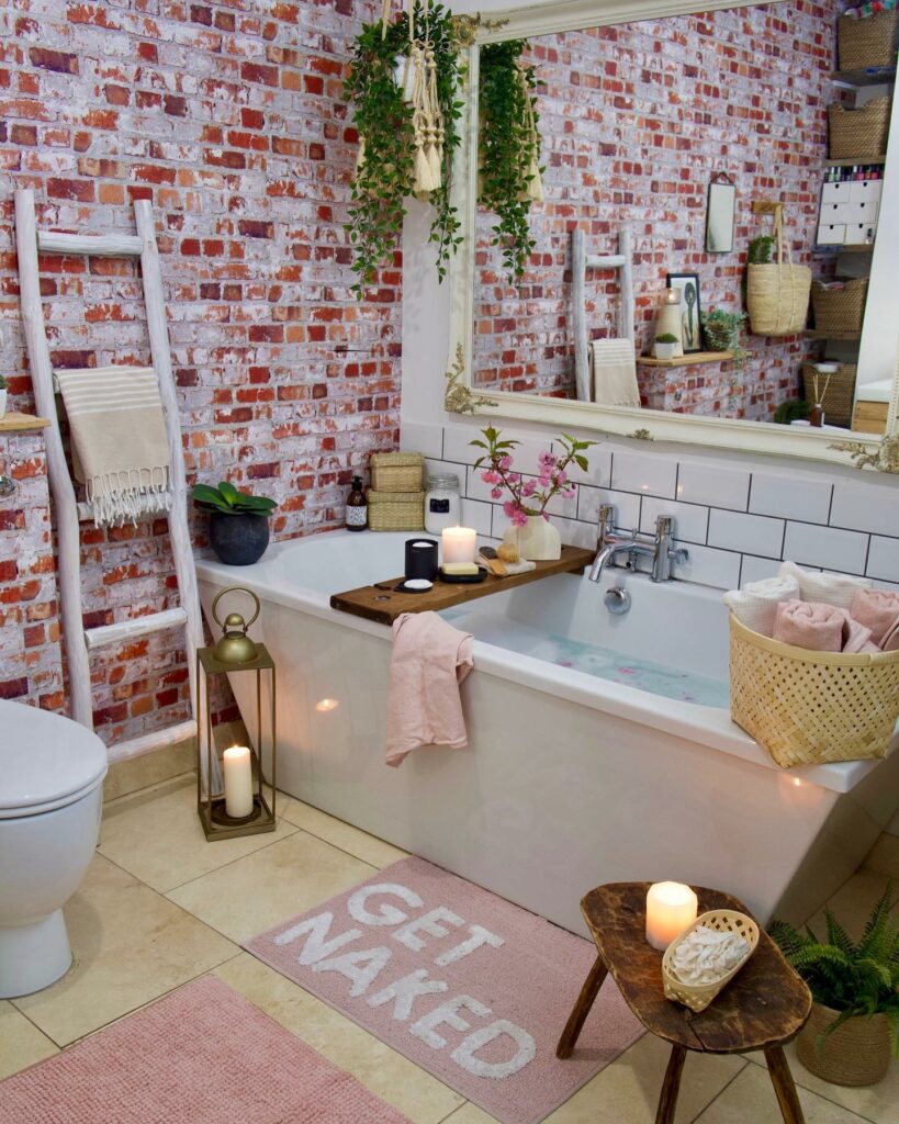 Rustic boho bathroom with eclectic decorations and textures