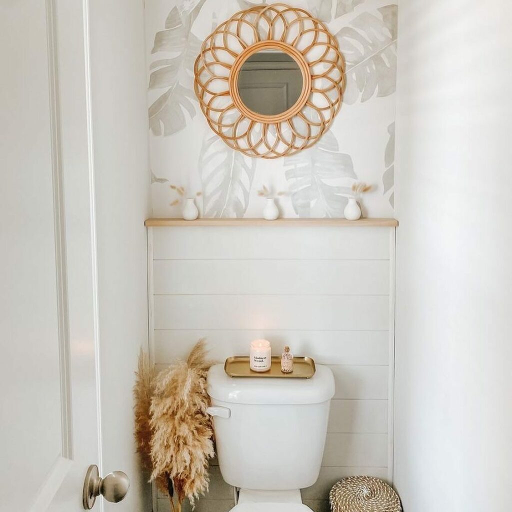 A modern bohemian bathroom with geometric accents