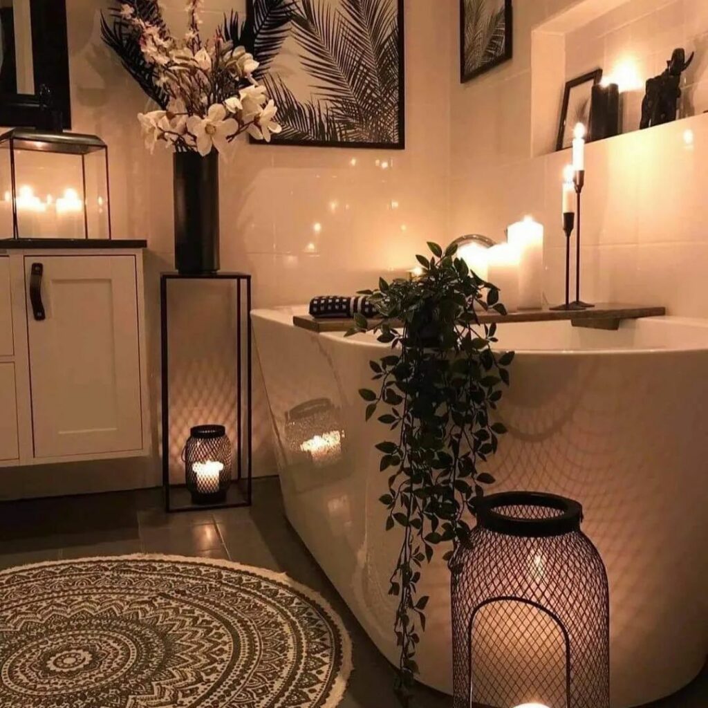 Luxurious boho bathroom with earthy glamour