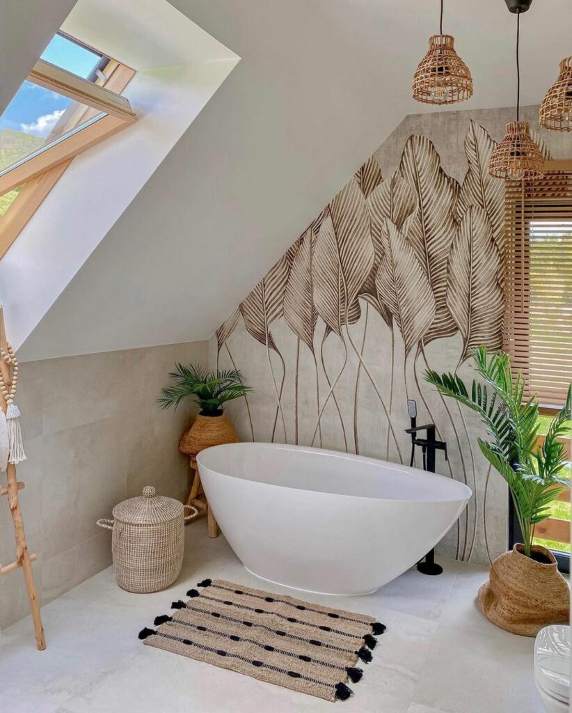 Compact boho bathroom with earthy tones and plant accents