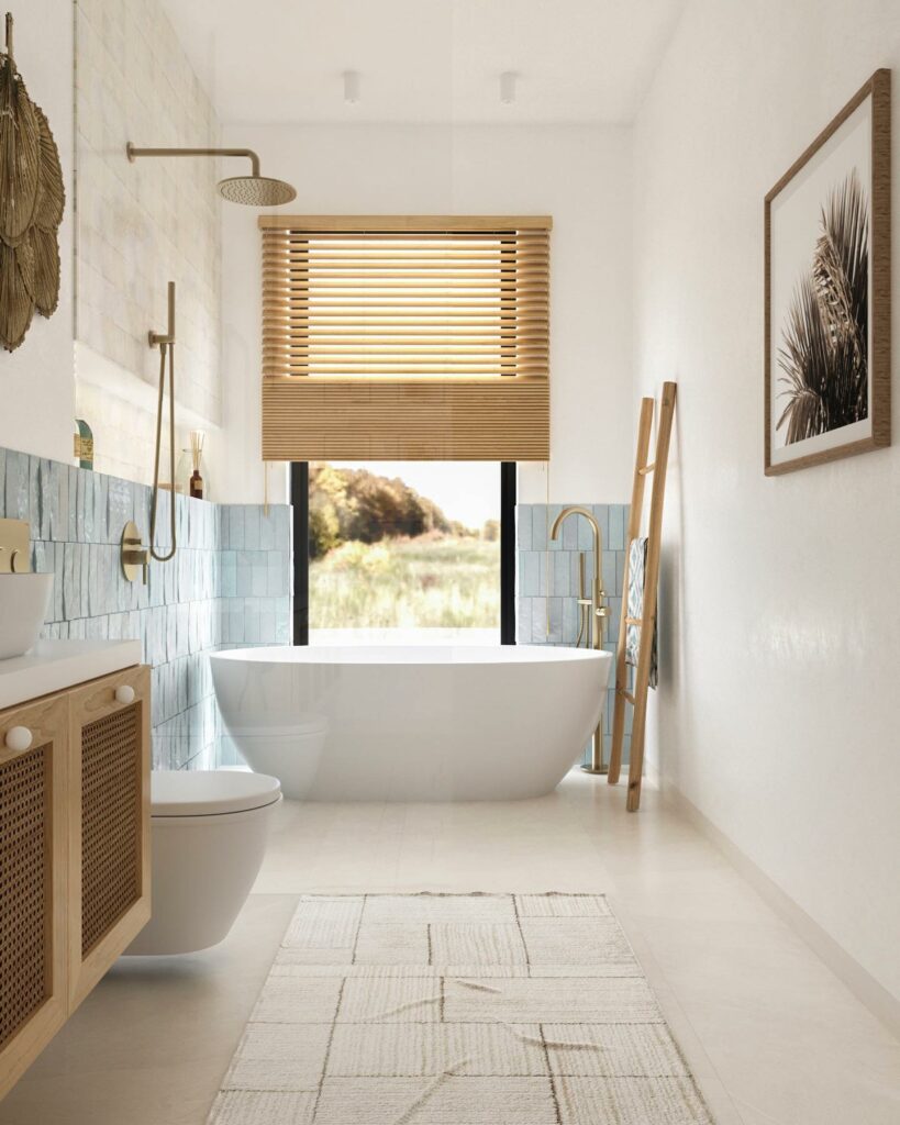 Earthy boho bathroom with wooden details and lush plants