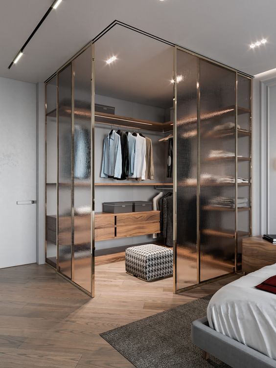 Corner Glass Closet with Illuminated Shelving