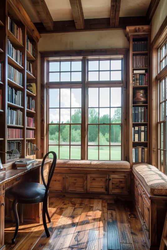 Farmhouse Library with Dark Built-In Shelves