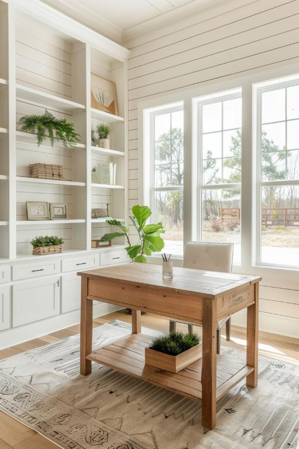 Farmhouse Office with Open Ladder Bookshelves