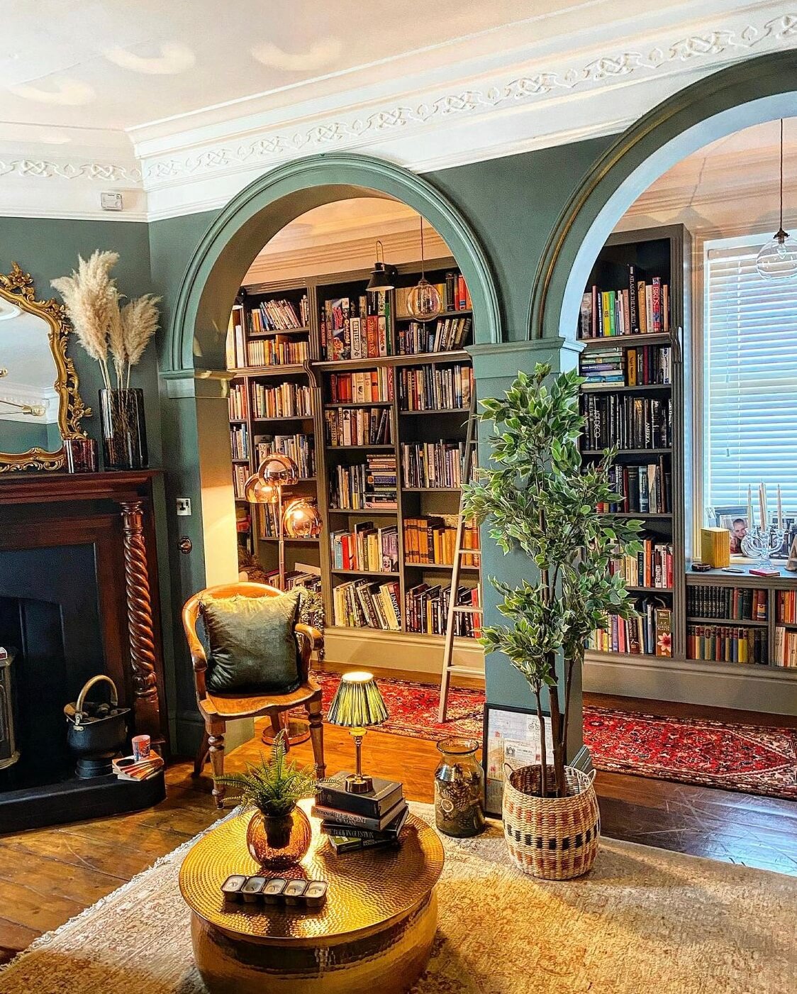 Grand Home Library with Green Arches