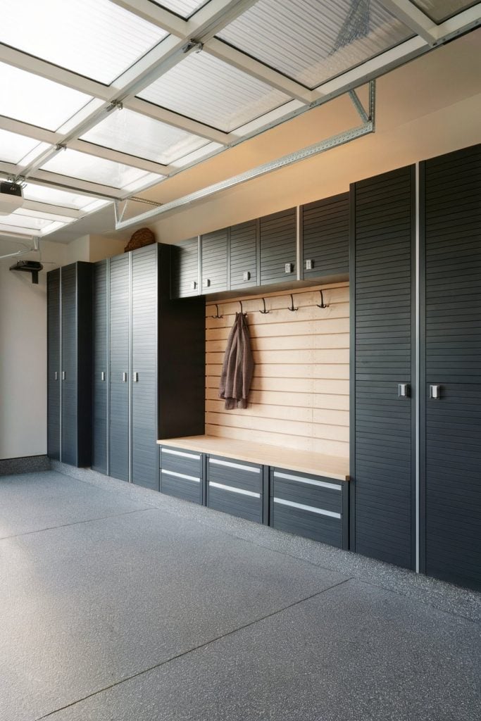 Garage Mudroom with Built-In Bench and Cabinet Storage